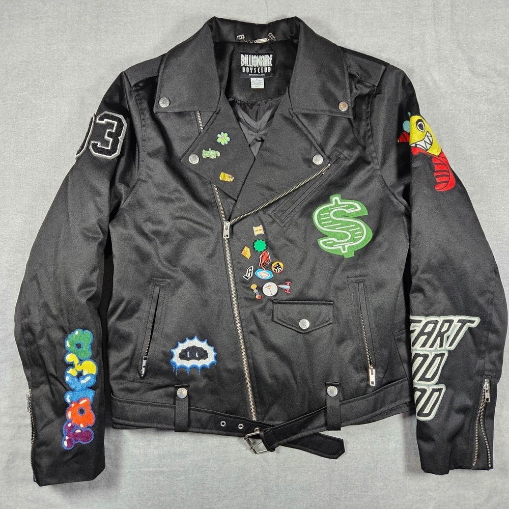 Billionaire Boys Club BBC Black‎ Moto Jacket Patches Pins Mens Large Deadstock